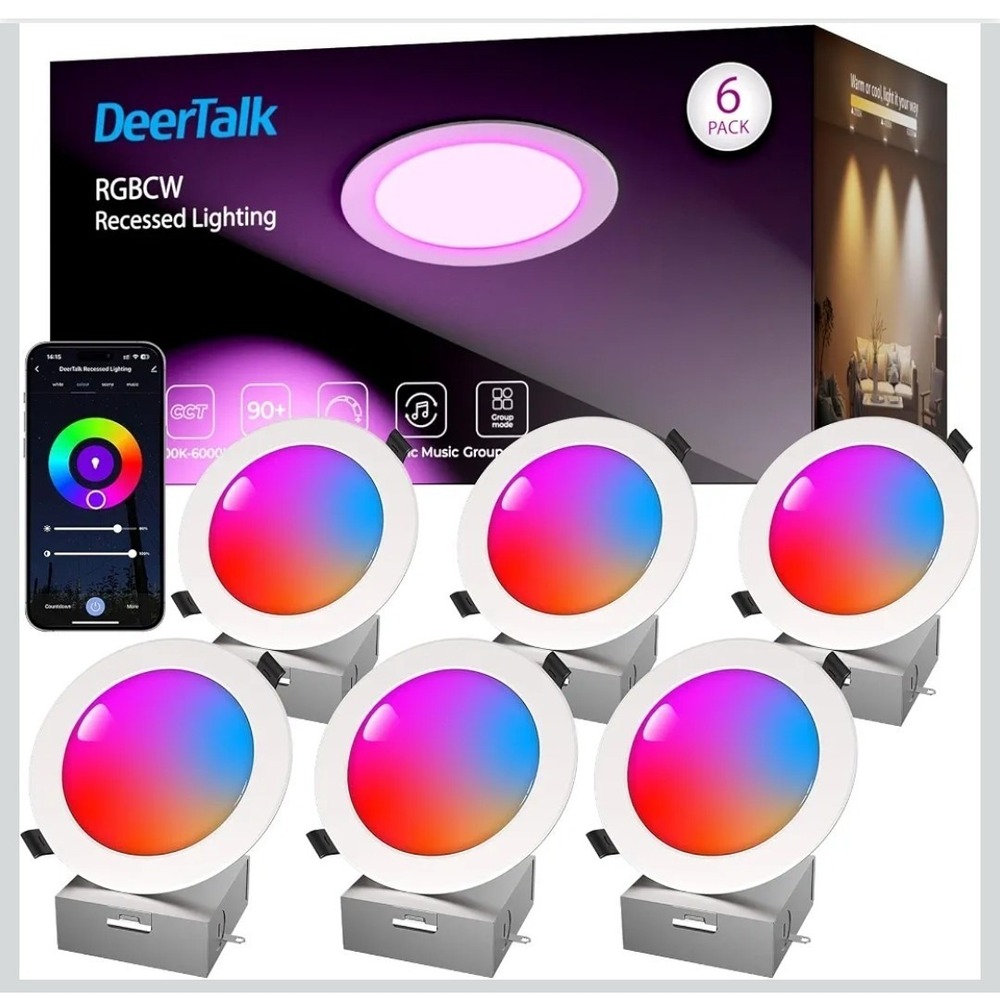 Smart LED Recessed Lights 6 Pack 6 Inch WiFi Bluetooth RGB Canless Alexa Google
